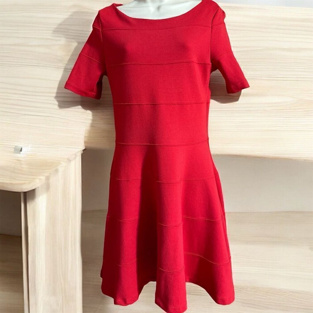 Zara Basic Women's Red Pull Over Short Sleeve Fit and Flare Skater Tiered Dress